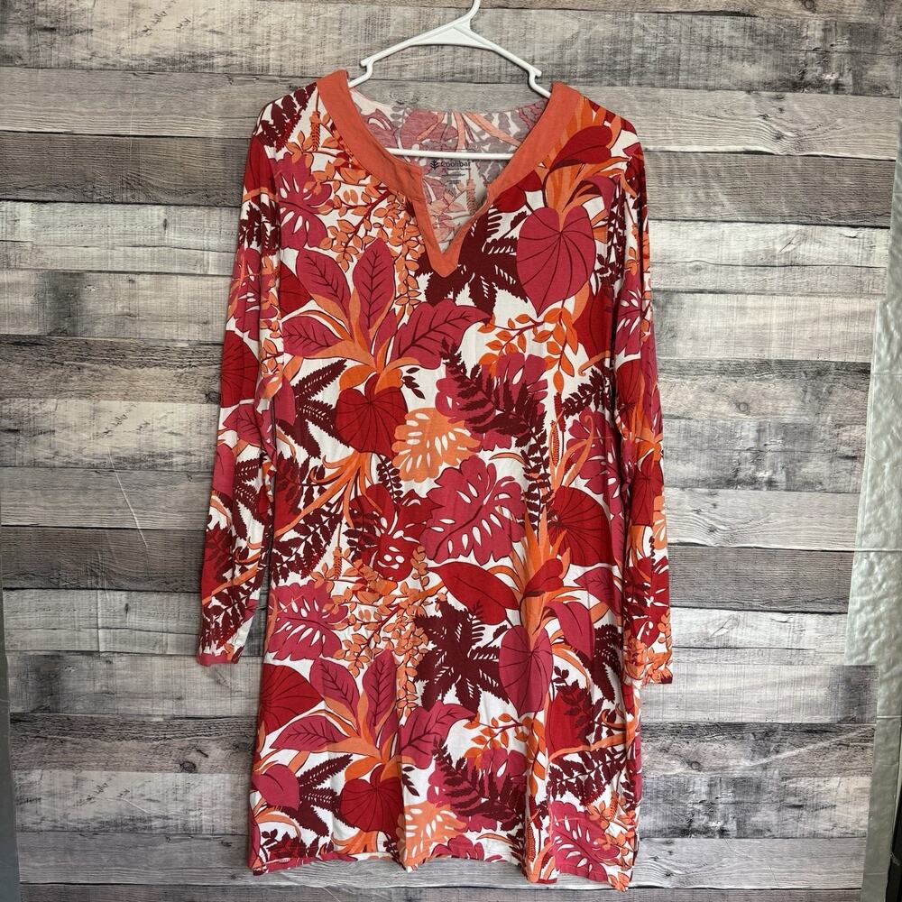 Coolibar Women's Shoreside Swim Cover-Up Dress Red Floral Palm L